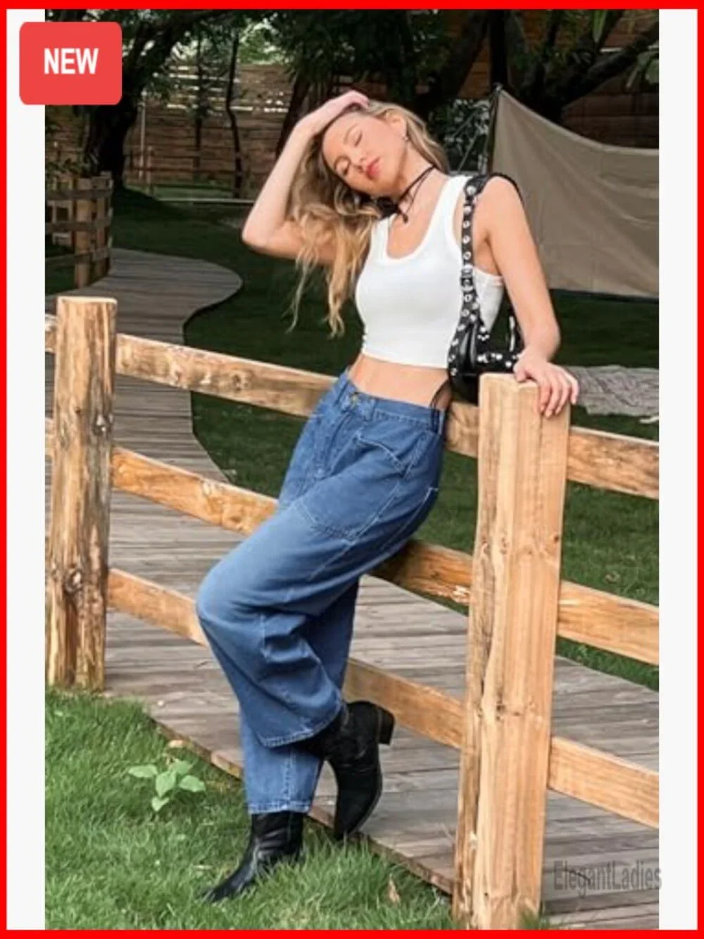 High Waisted Wide Leg Barrel Jeans Vintage Denim Pants with Patch Pockets - Picture 3 of 7